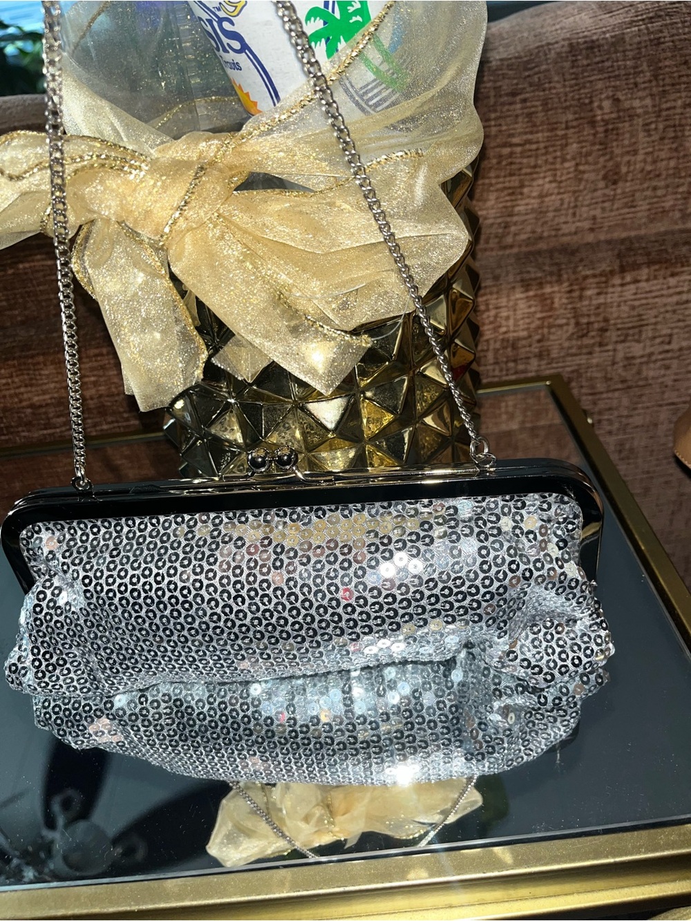 LOFT Silver Sequin Evening Clutch with Chain Strap